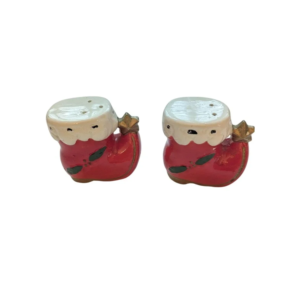 Vtg Santa Elf Shoes Salt & Pepper Shakers Stars/Holly‎ 2.25